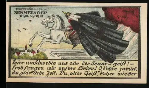 Notgeld Neuhaus 1921, 50 Pfennig, Truppenübungsplatz Sennelager mit reitendem Geist und Bisch.Residenz 1802