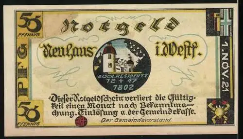 Notgeld Neuhaus 1921, 50 Pfennig, Truppenübungsplatz Sennelager mit reitendem Geist und Bisch.Residenz 1802