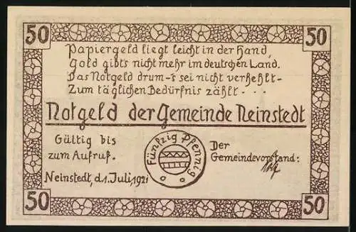 Notgeld Neinstedt, 1921, 50 Pfennig, Ansicht der Stadt und Gültigkeitsdatum bis Juli 1921