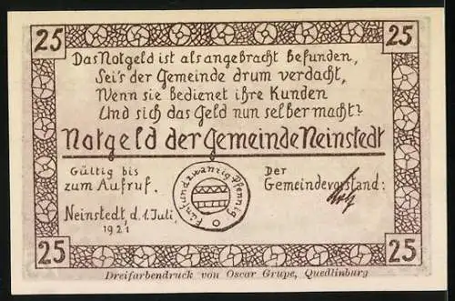 Notgeld Neinstedt, 1921, 25 Pfennig, Am Bodewehr mit Gedicht und Ortswappen, Dreifarbendruck von Oscar Grupe