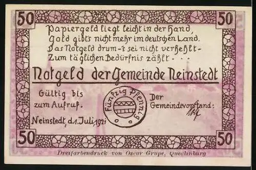 Notgeld Neinstedt, 1921, 50 Pfennig, Teilansicht der Neinstedter Anstalten, gültig bis zum Aufruf