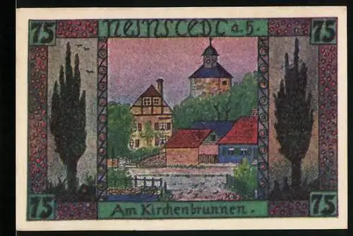 Notgeld Neinstedt, 1921, 75 Pfennig, Am Kirchenbrunnen, Lyrik auf Rückseite