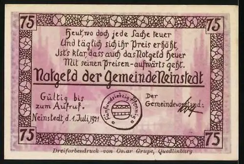 Notgeld Neinstedt, 1921, 75 Pfennig, Am Kirchenbrunnen, Lyrik auf Rückseite