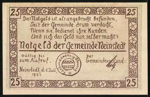 Notgeld Neinstedt, 1921, 25 Pfennig, Am Bodewehr, gültig bis zum Aufruf