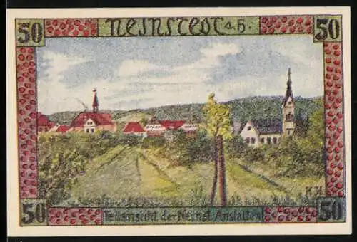 Notgeld Neinstedt 1921, 50 Pfennig, Landschaftsansicht und Text der Gemeinde