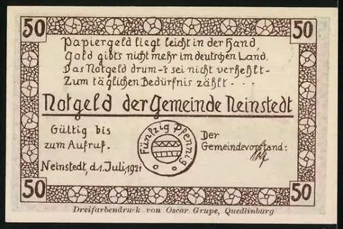 Notgeld Neinstedt 1921, 50 Pfennig, Landschaftsansicht und Text der Gemeinde