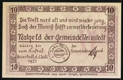 Notgeld Neinstedt, 1921, 10 Pfennig, Landschaft mit Bäumen und Teufelsmauer, gültig bis zum Aufruf