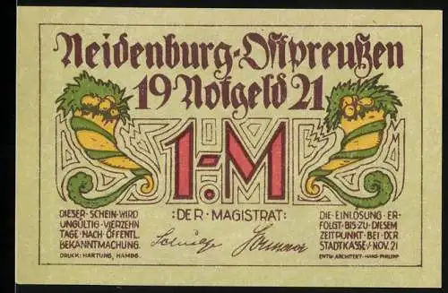 Notgeld Neidenburg / Ostpreussen 1921, 1 Mark, Konsumverein-Gebäude und dekorative Drachen-Elemente