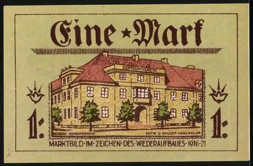 Notgeld Neidenburg / Ostpreussen 1921, 1 Mark, Konsumverein-Gebäude und dekorative Drachen-Elemente