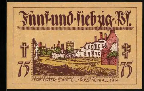 Notgeld Neidenburg - Ostpreussen 1914, 75 Pfennig, zerstörter Stadtteil und russischer Einfall