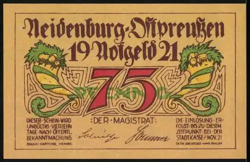 Notgeld Neidenburg - Ostpreussen 1914, 75 Pfennig, zerstörter Stadtteil und russischer Einfall