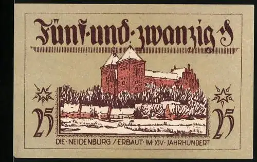 Notgeld Neidenburg, 1921, 25 Pfennig, Die Neidenburg erbaut im XIV. Jahrhundert, grüne Drachen und Schriftzüge