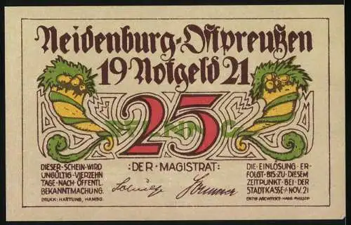 Notgeld Neidenburg, 1921, 25 Pfennig, Die Neidenburg erbaut im XIV. Jahrhundert, grüne Drachen und Schriftzüge