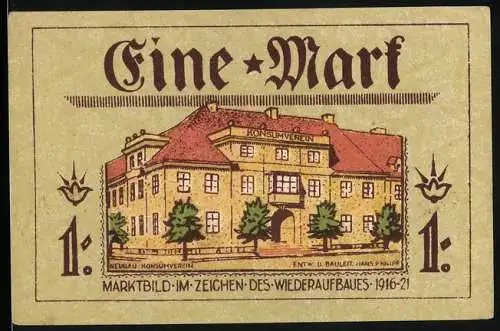 Notgeld Neidenburg, 1921, 1 Mark, Konsumverein Gebäude und Drachenmotive