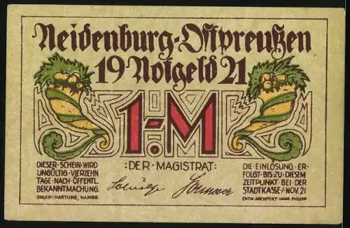 Notgeld Neidenburg, 1921, 1 Mark, Konsumverein Gebäude und Drachenmotive