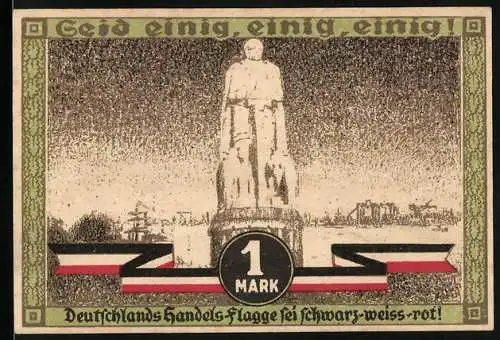 Notgeld Hamburg, 1921, 1 Mark, Seid einig! Deutschlands Handels-Flagge sei schwarz-weiss-rot! 12.-24. August