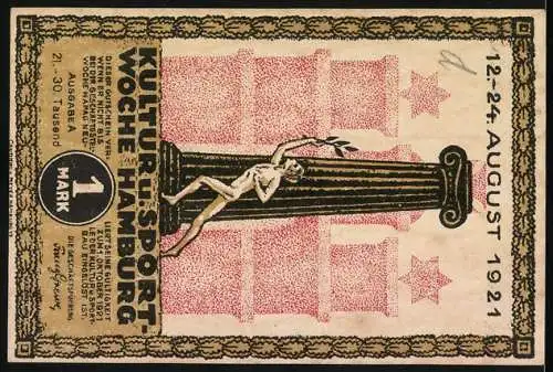 Notgeld Hamburg, 1921, 1 Mark, Seid einig! Deutschlands Handels-Flagge sei schwarz-weiss-rot! 12.-24. August