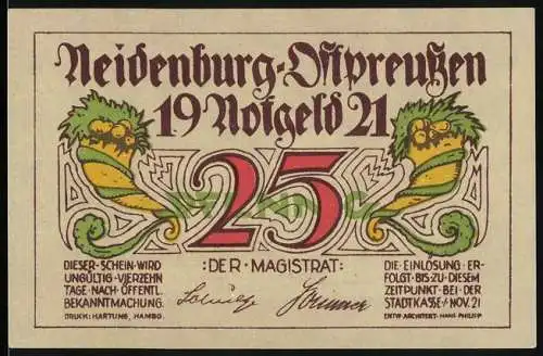 Notgeld Neidenburg - Ostpreussen 1921, 25 Pfennig, mit Drachen und Burgmotiv, Erbauung im XIV. Jahrhundert