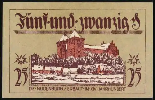 Notgeld Neidenburg - Ostpreussen 1921, 25 Pfennig, mit Drachen und Burgmotiv, Erbauung im XIV. Jahrhundert