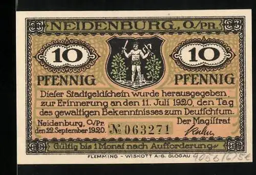 Notgeld Neidenburg 1920, 10 Pfennig, Stadtwappen und Landschaft mit Gebäuden