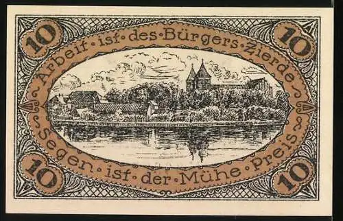 Notgeld Neidenburg 1920, 10 Pfennig, Stadtwappen und Landschaft mit Gebäuden