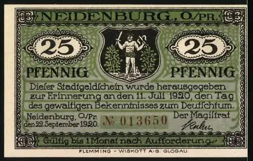 Notgeld Neidenburg, 1920, 25 Pfennig, Stadtansicht und Wappen, Erinnerung an 11. Juli 1920