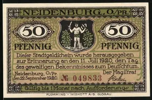 Notgeld Neidenburg, O./Pr. 1920, 50 Pfennig, Erinnerung an 11. Juli 1920 mit Stadtansicht und Spruch