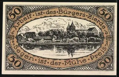 Notgeld Neidenburg, O./Pr. 1920, 50 Pfennig, Erinnerung an 11. Juli 1920 mit Stadtansicht und Spruch