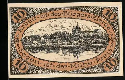 Notgeld Neidenburg 1920, 10 Pfennig, mit Stadtansicht und Wappen, zur Erinnerung an den 11. Juli 1920