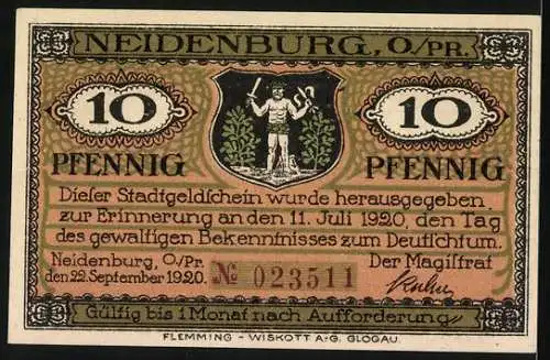 Notgeld Neidenburg 1920, 10 Pfennig, mit Stadtansicht und Wappen, zur Erinnerung an den 11. Juli 1920