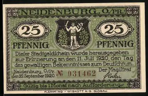 Notgeld Neidenburg, O./Pr. 1920, 25 Pfennig, Stadtgeldschein zur Erinnerung an den 11. Juli 1920 mit Landschaftsbild