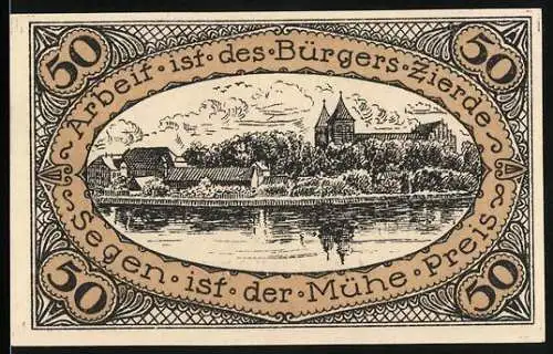 Notgeld Neidenburg 1920, 50 Pfennig, Stadtansicht und Wappen, gültig bis 1 Monat nach Aufforderung