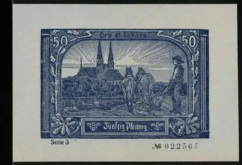 Notgeld Neuruppin, 1921, 50 Pfennig, Serie 3, Stadtansicht mit Kirchtürmen und Landwirt mit Pferden