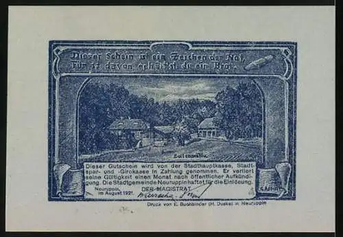 Notgeld Neuruppin, 1921, 50 Pfennig, Serie 3, Stadtansicht mit Kirchtürmen und Landwirt mit Pferden