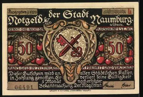 Notgeld Naumburg 1920, 50 Pfennig, Stadtwappen mit Schlüssel und Zitat auf Rückseite