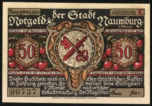 Notgeld Naumburg 1920, 50 Pfennig, Kirschenschenker Motiv mit Stadtwappen und Kirschen