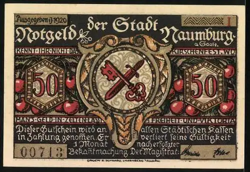 Notgeld Naumburg 1920, 50 Pfennig, Dem Prokopen fällt es scheinen, Stadtwappen und Inschrift