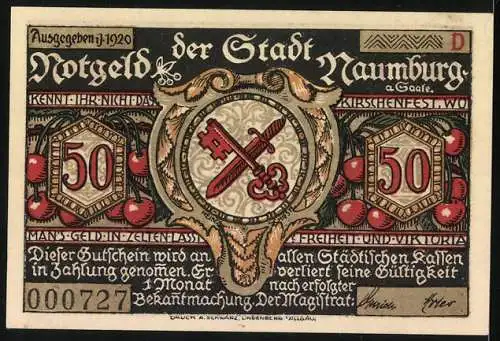 Notgeld Naumburg 1920, 50 Pfennig, Hungerquäler und Stadtwappen mit Schlüsseln und Schwert