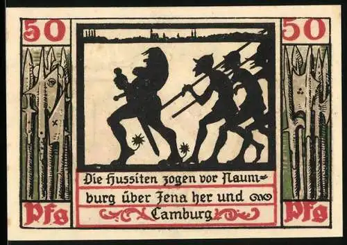 Notgeld Naumburg 1920, 50 Pfennig, Hussitenzug über Jena und Camburg, beidseitig bedruckt, mit Stadtwappen und Kirschen