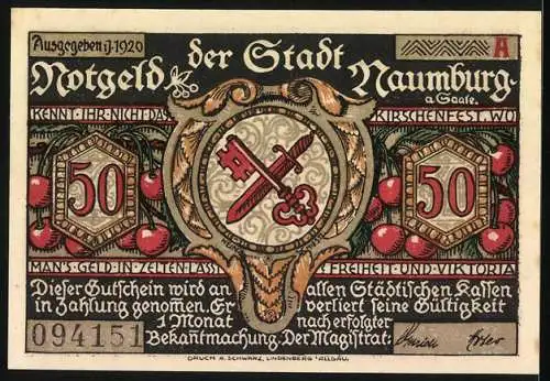 Notgeld Naumburg 1920, 50 Pfennig, Hussitenzug über Jena und Camburg, beidseitig bedruckt, mit Stadtwappen und Kirschen