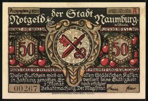 Notgeld Naumburg, 1920, 50 Pfennig, Hussitenzug und Stadtwappen, Seriennummer 00267