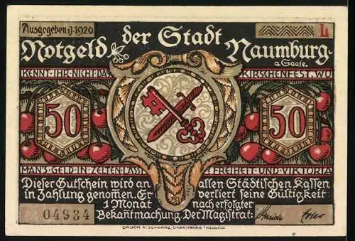 Notgeld Naumburg 1920, 50 Pfennig, Schlüssel, Silhouetten und Vers