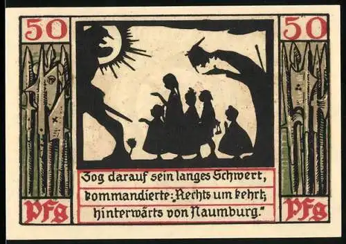 Notgeld Naumburg 1920, 50 Pfennig, Illustration von Figuren und Stadtwappen, Seriennummer 87287