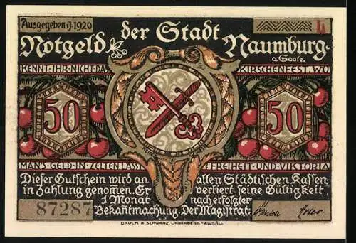 Notgeld Naumburg 1920, 50 Pfennig, Illustration von Figuren und Stadtwappen, Seriennummer 87287