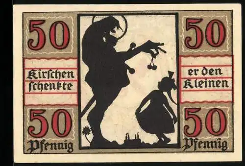 Notgeld Naumburg 1920, 50 Pfennig, Kirschenschenke mit Silhouetten von Mann und Kind