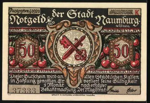 Notgeld Naumburg 1920, 50 Pfennig, Kirschenschenke mit Silhouetten von Mann und Kind