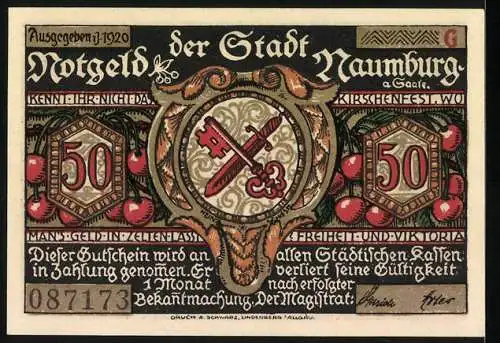 Notgeld Naumburg 1920, 50 Pfennig, Kinder mit Mann und Stadtwappen mit Schlüssel und Schwert