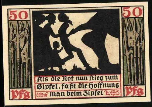 Notgeld Naumburg 1920, 50 Pfennig, Grafik mit Spruch und Wappen mit Schlüssel und Schwert