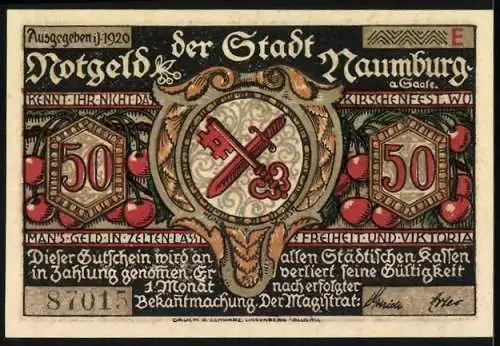 Notgeld Naumburg 1920, 50 Pfennig, Grafik mit Spruch und Wappen mit Schlüssel und Schwert