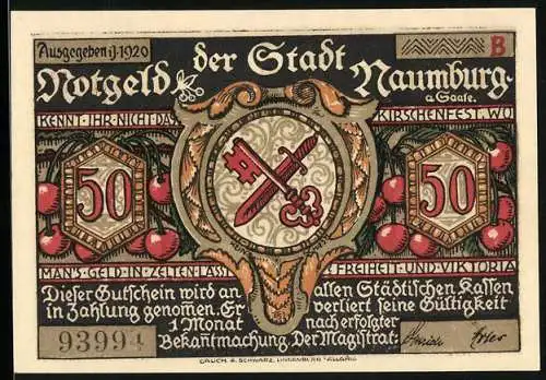 Notgeld Naumburg 1920, 50 Pfennig, dekoratives Wappen und Kirschmotive mit Schwert und Speer Silhouette